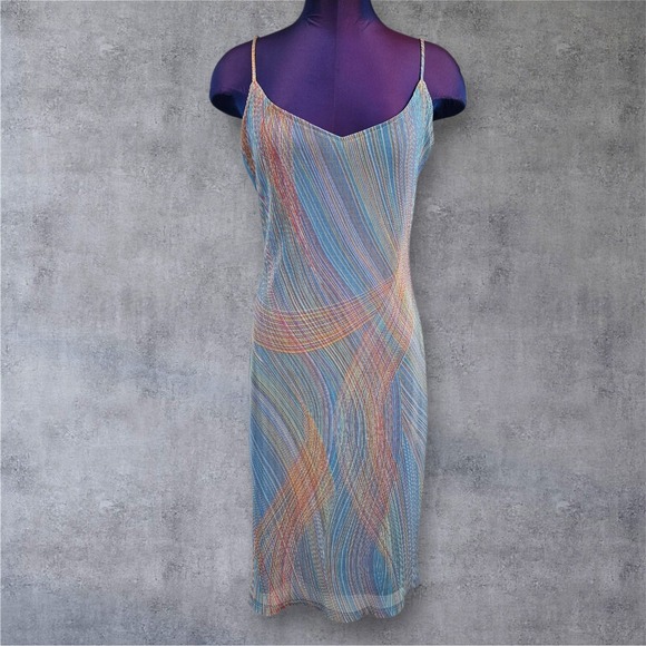 Vintage Windsor Multicolor Midi Dress Crinkle Retro Party Cocktail Large J31 - Picture 1 of 7